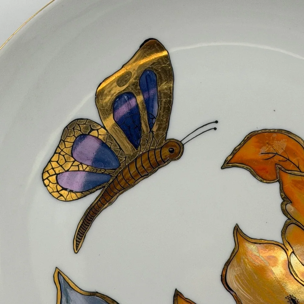 Vtg Diamante Hand Painted Butterfly Flower Floral Porcelain Plate Gold 1986 10in